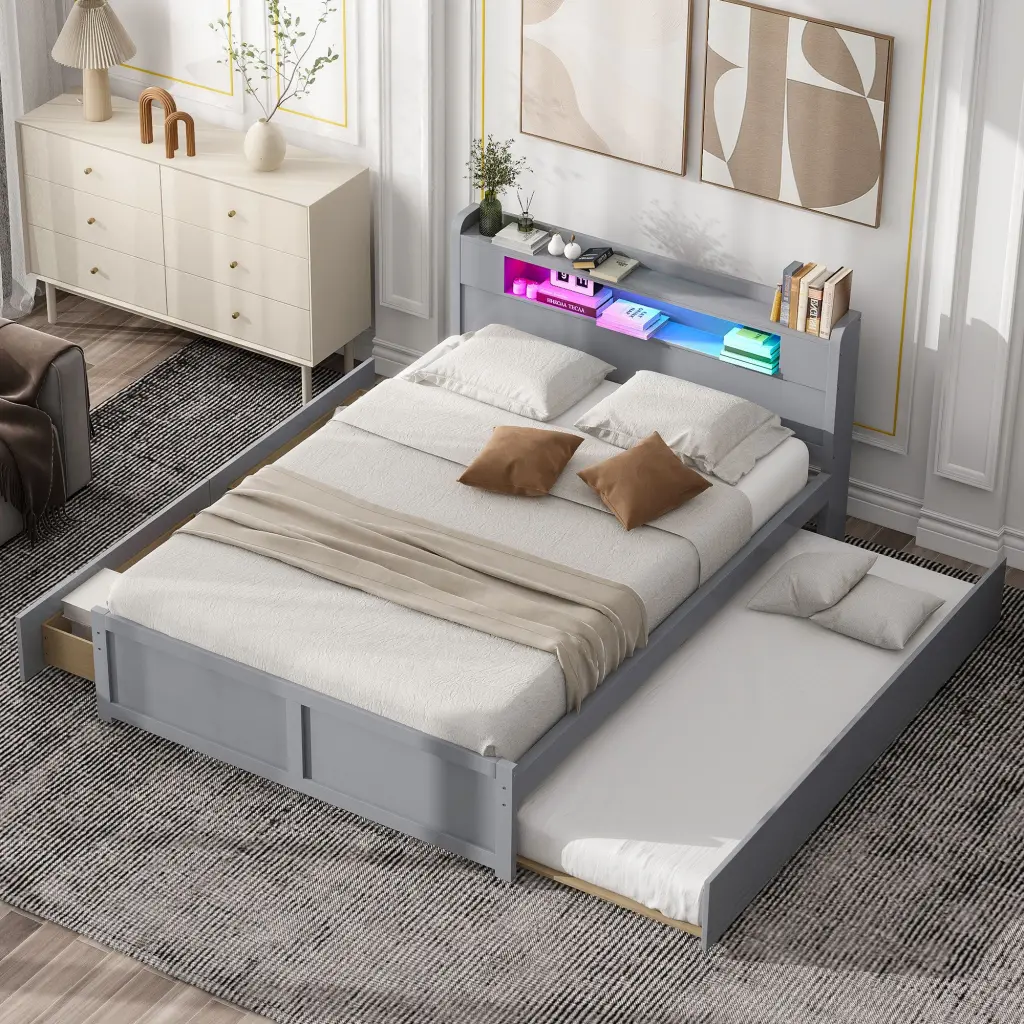 Queen Size Wood Storage Platform Bed LED Lights, 2 Drawers and Twin Side wm store
