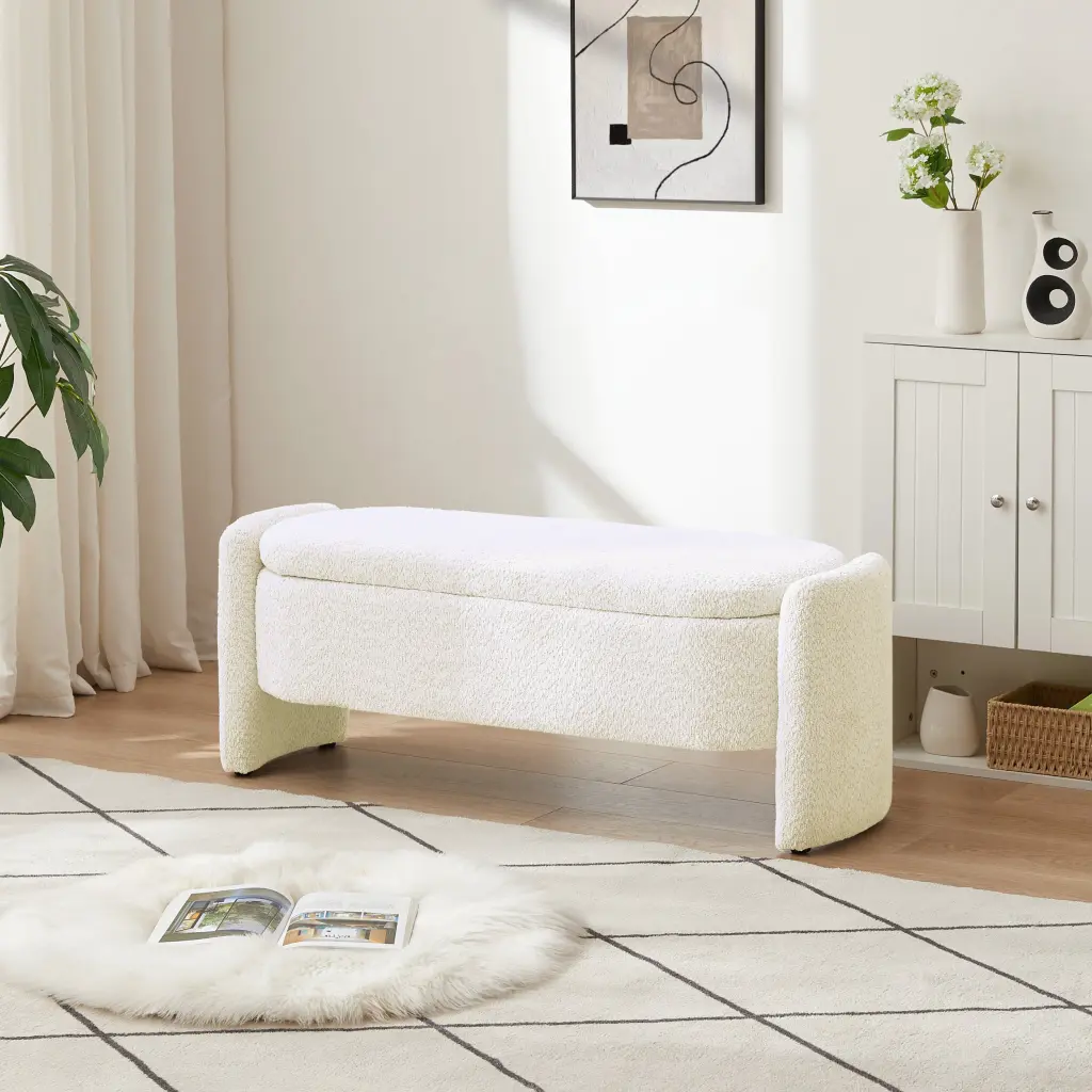Oval Storage Bench 3D Lamb Fleece Material and Large Storage Capacity fj furniture