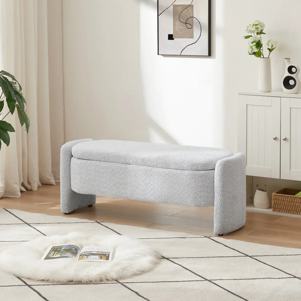 Oval Storage Bench 3D Lamb Fleece Material Large Storage fj furniture