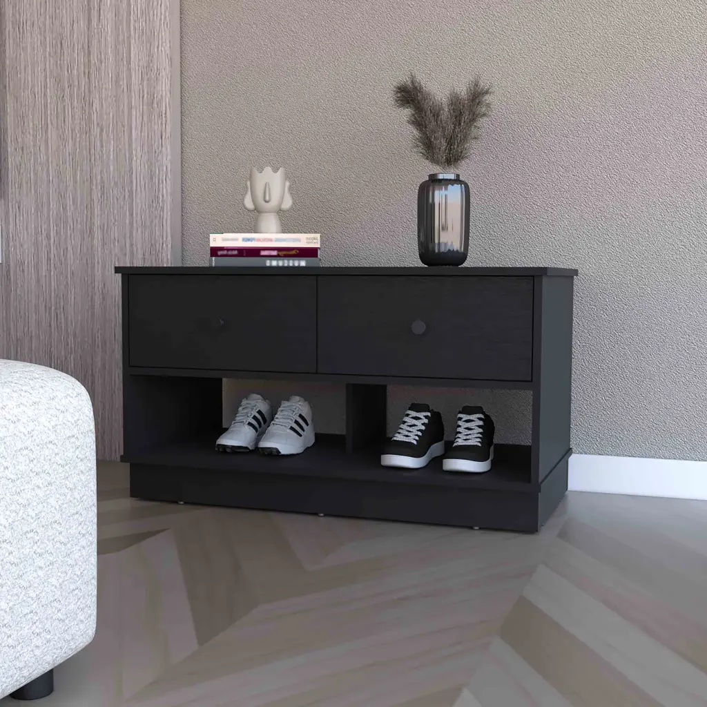 Tulip Storage Bench Two Drawers and Two Shelves Black MDF Engineered Wood fm furniture