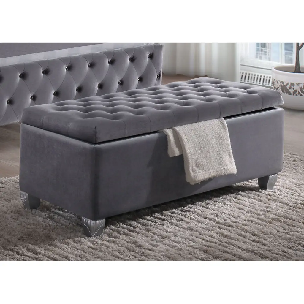 Grey Tufted Storage Bench Grey Velvet Bedroom Premium Eucalyptus Frame furniture max