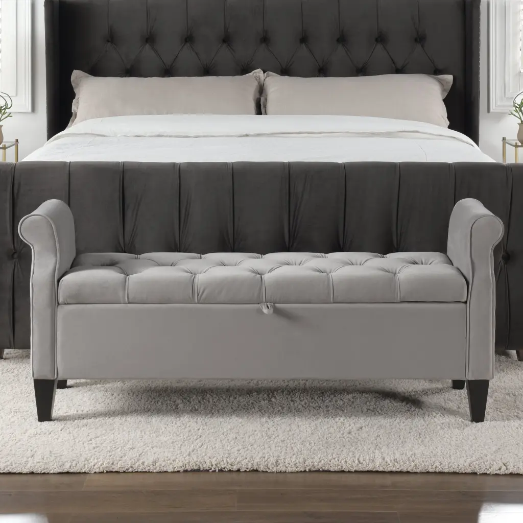 57.5 Inch Tufted Roll Arm Opal Grey Velvet Storage Bench jennifer taylor home