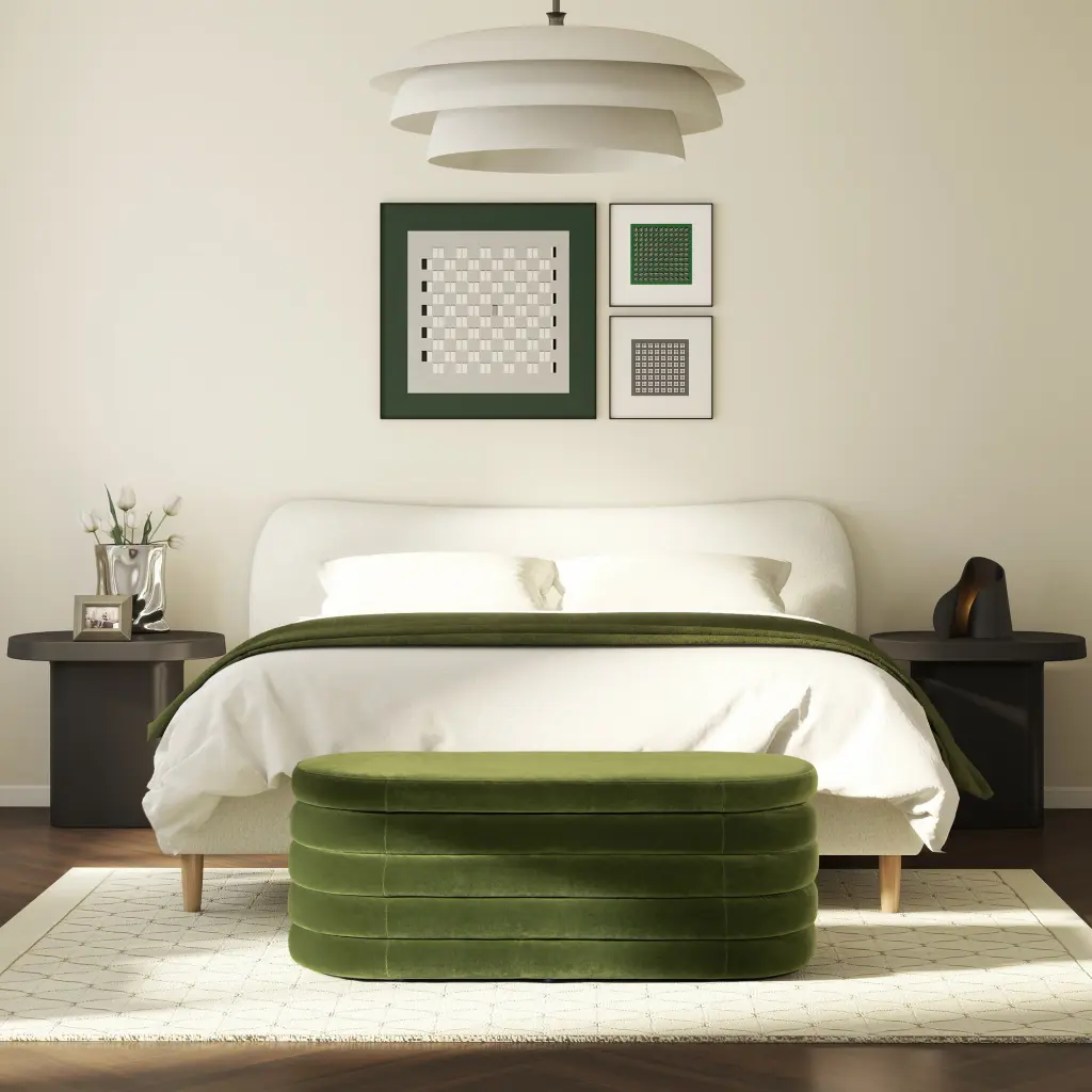 Fuji 49 Inch Upholstered Oval Storage Bench Olive Green Velvet Entryway Seat jennifer taylor home