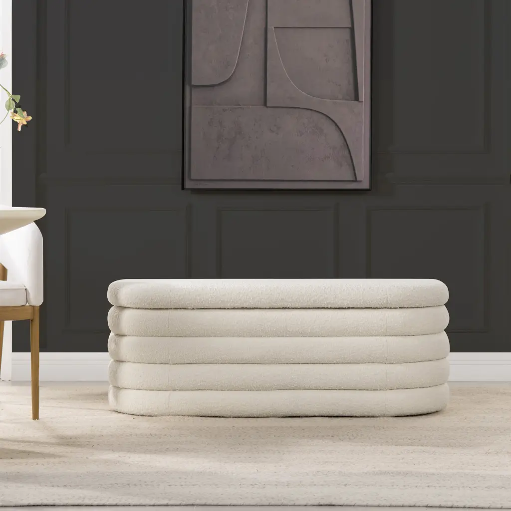 Fuji 49 Inch Upholstered Oval Storage Bench Ivory White Boucle Foam Seat jennifer taylor home