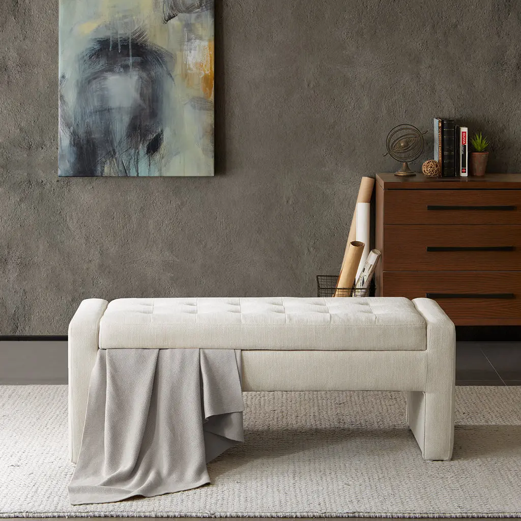 Soft Close Storage Bench Cream Polyester Upholstered Seat Hidden Compartment jla