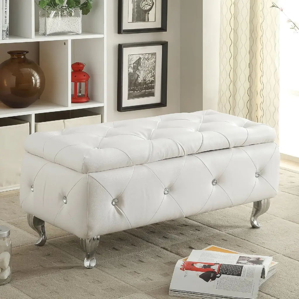 Glam 38 Inches Storage Ottoman Bench Upholstered Tufted White Living Room kanepe
