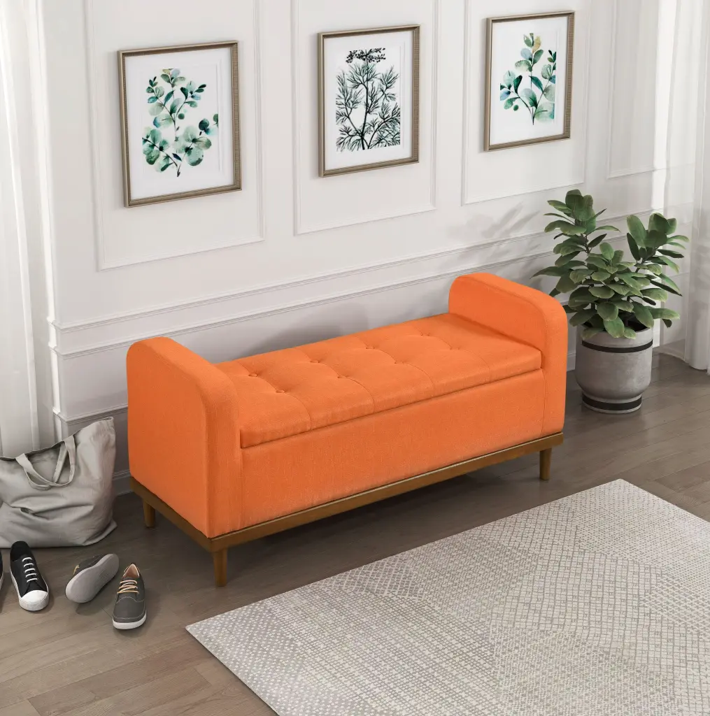 Mid Century Modern Lift Top Storage Bench 1Pc Tufted Orange Upholstered kanepe