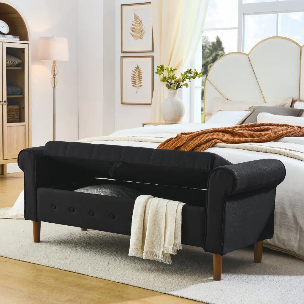 62 Inch Tufted Button Storage Bench Bedroom Modern Upholstery lucky fortune