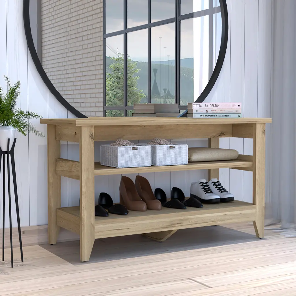 Misuri Storage Bench Four Legs and Two Open Shelves Light Oak Beige rta mubles colombia