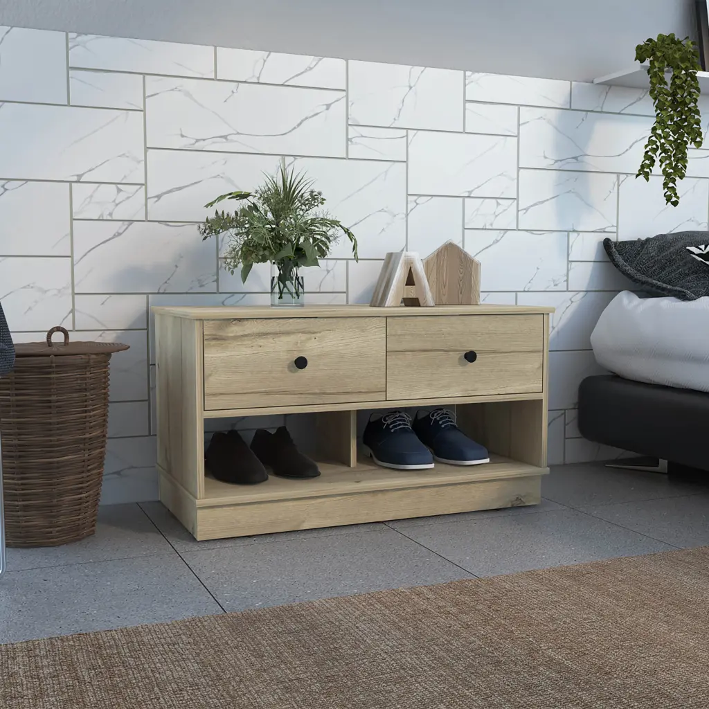 Tulip Storage Bench Two Drawers Two Shelves Beige MDF rta muebles colombia