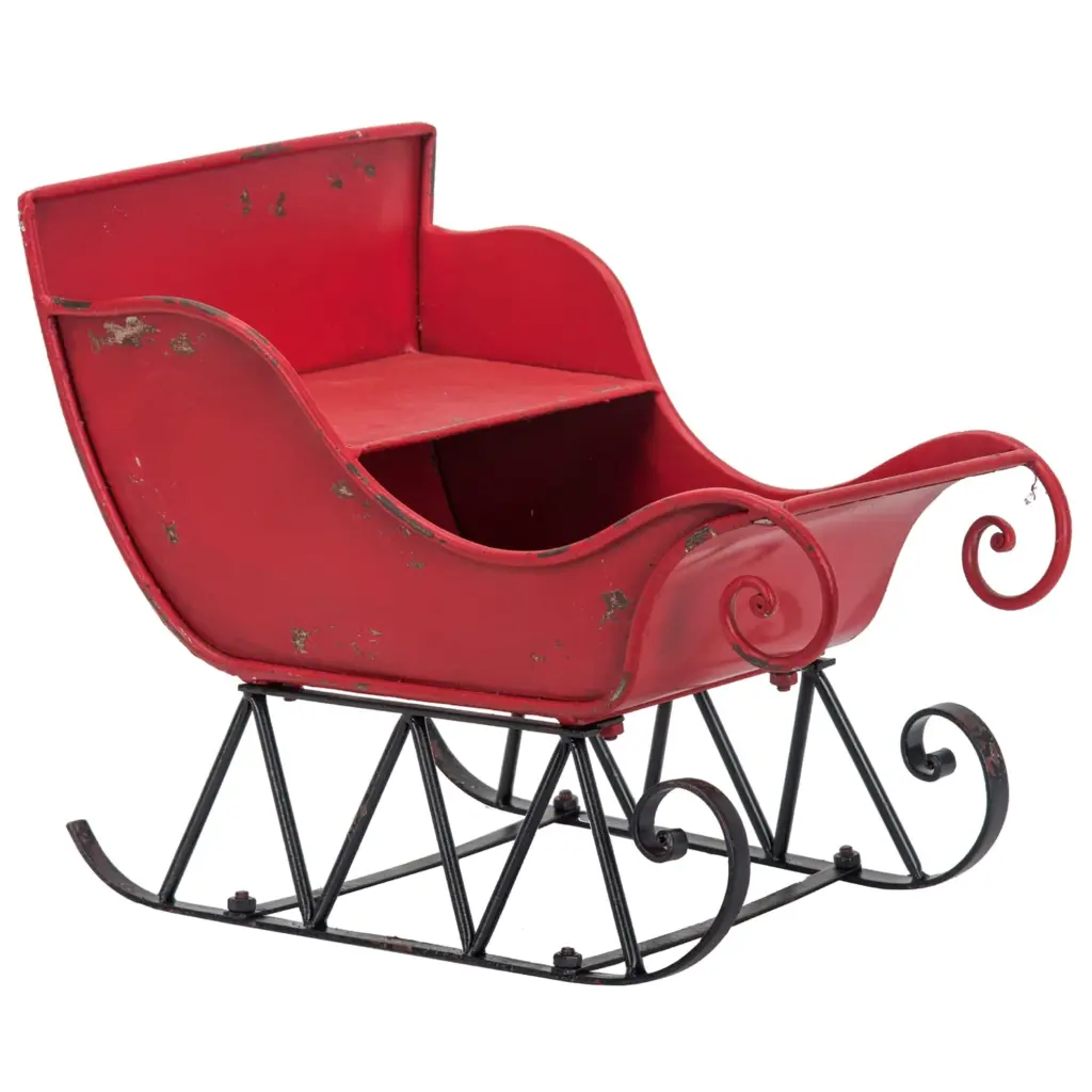 39X17.7X22 Inch Distressed Red Black Sleigh Christmas Santa Large Metal Storage Bench w2078