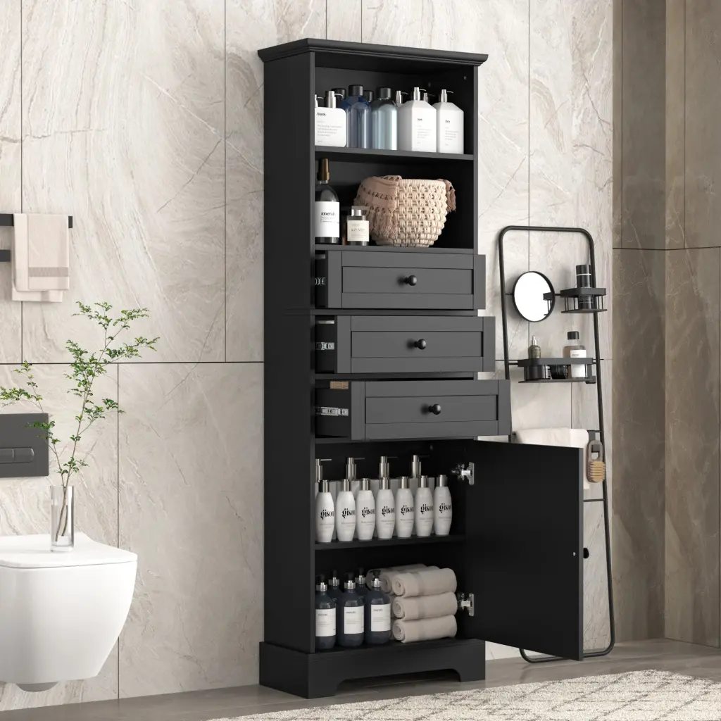 Black Tall Storage Cabinet 3 Drawers And Customizable Shelves Bedroom by