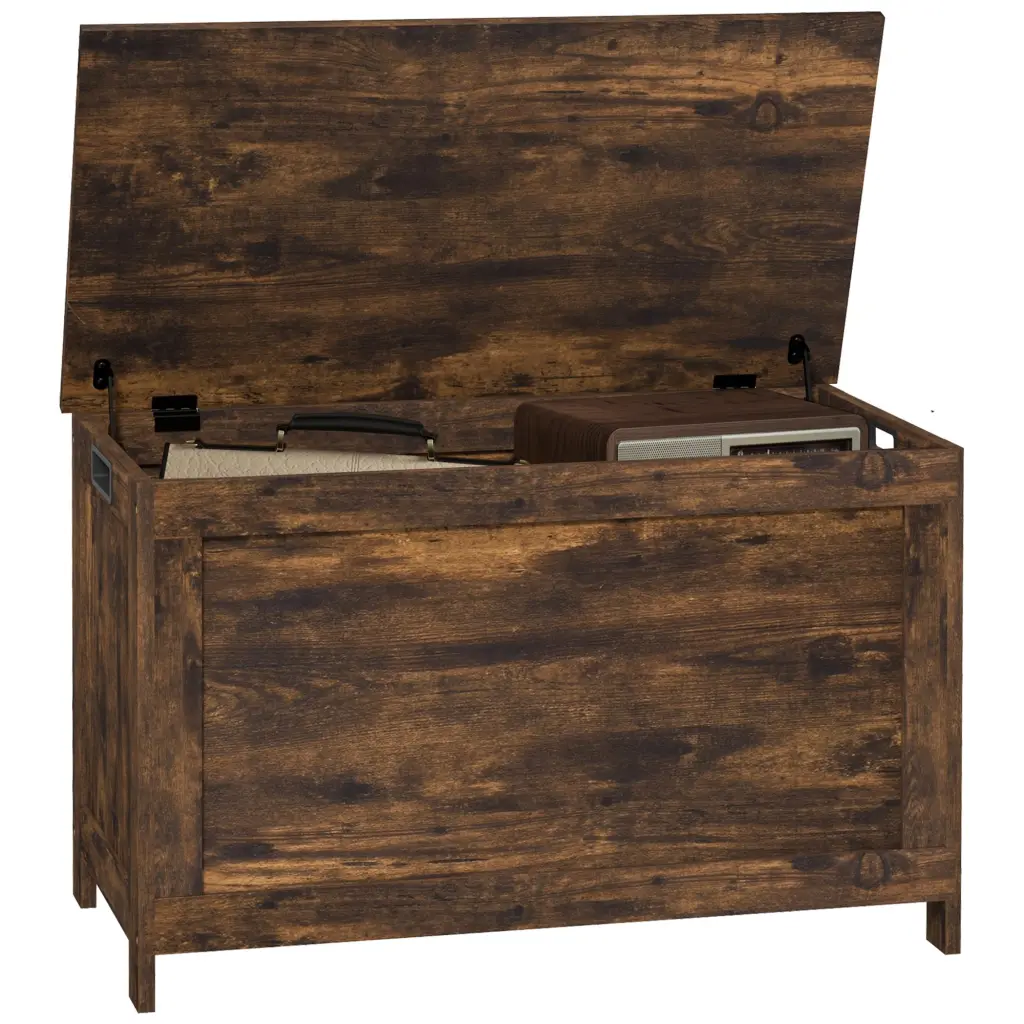 Homcom 29.9 Inch Storage Chest 2 Safety Hinges Rustic Brown Timberen Box aosom business