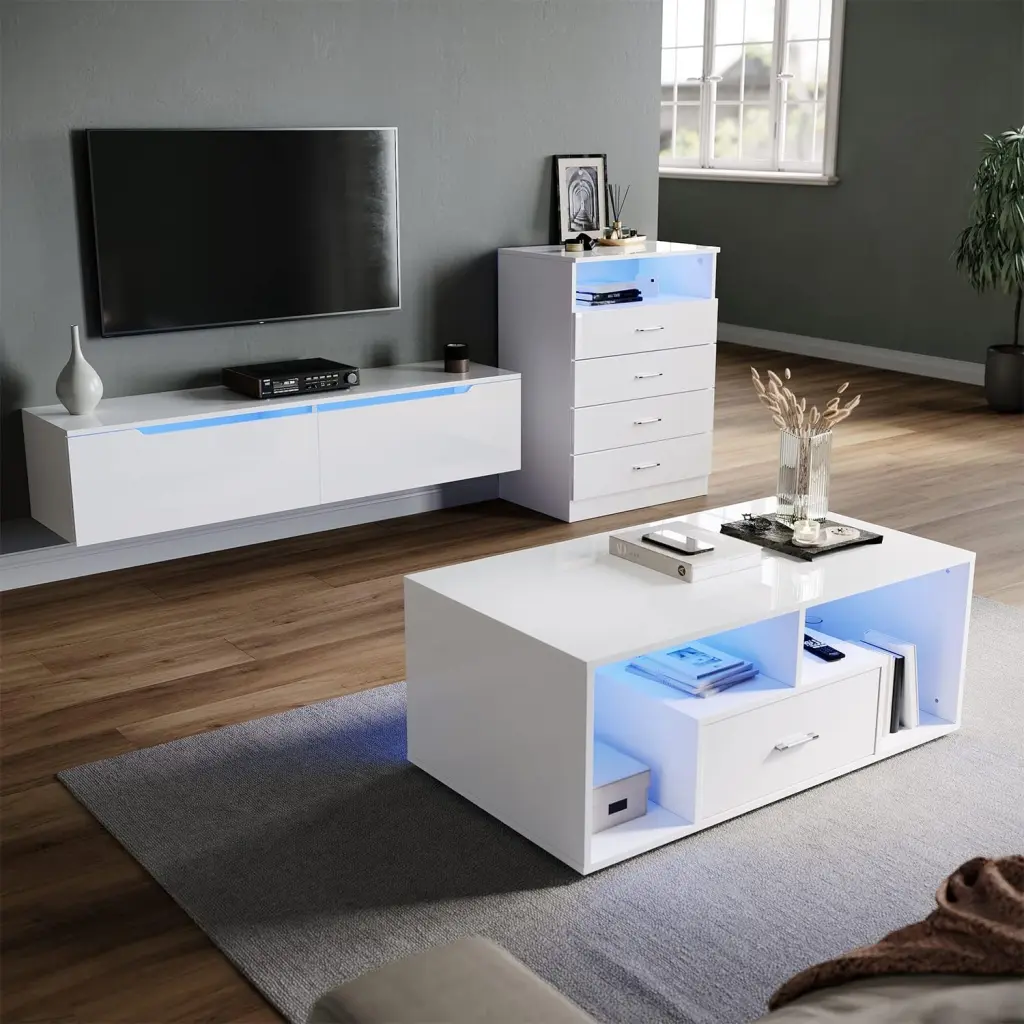 DFW Coffee Table Storage Drawers and Customizable LED dawn forest wood