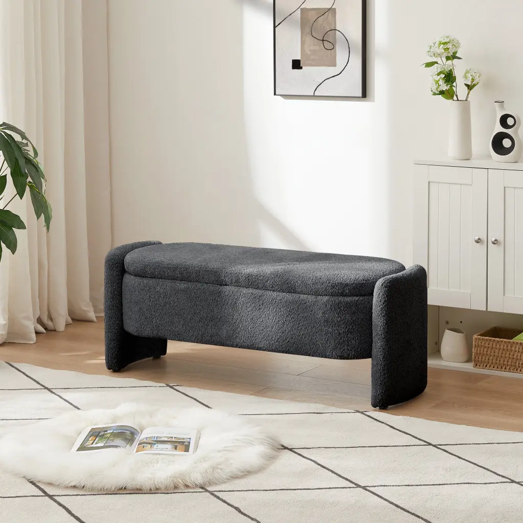 Oval Storage Bench 3D Lamb Fleece Material Large Storage Ottoman fj furniture