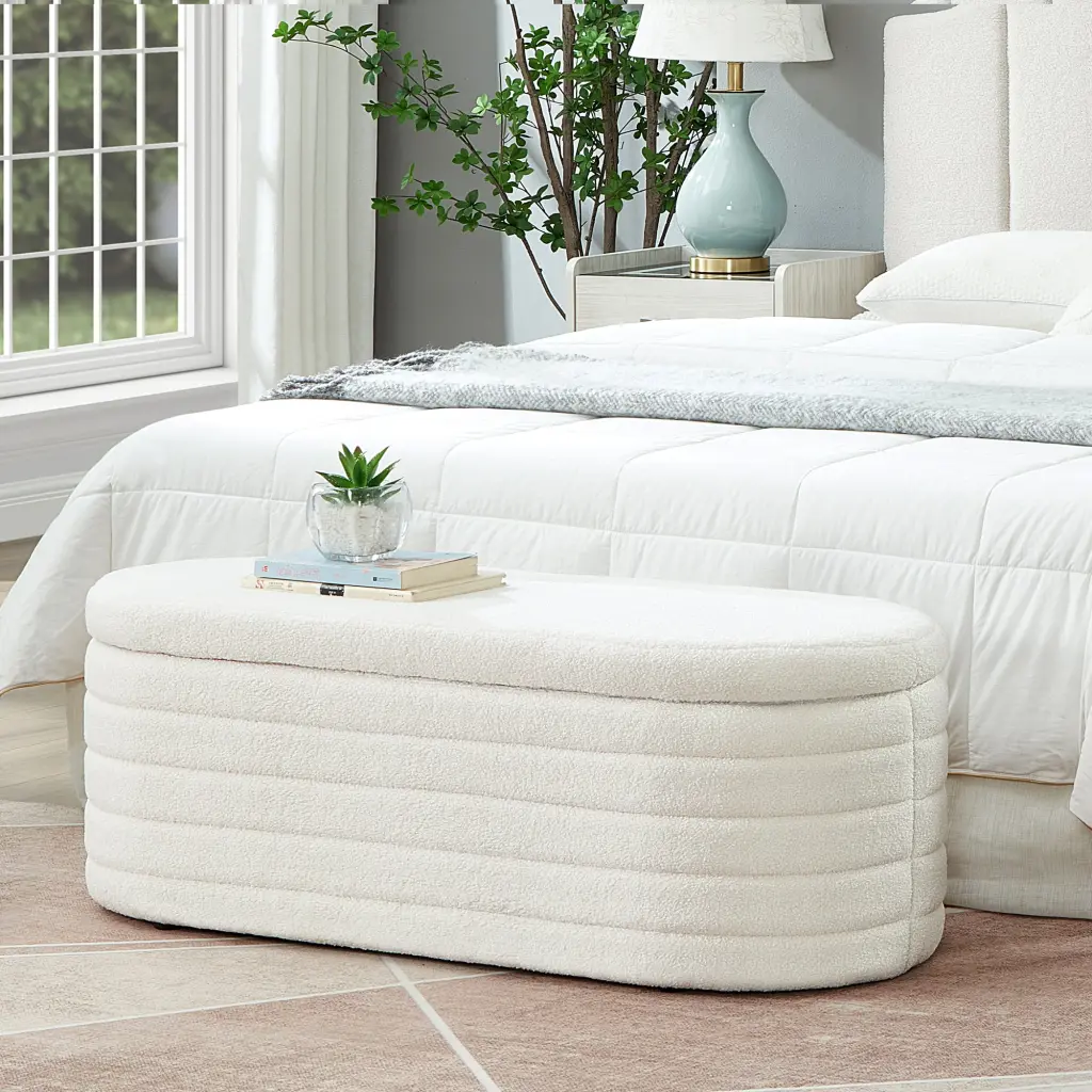 Modern Oval Storage Ottoman Bench Boucle Teddy Upholstery wm home furniture