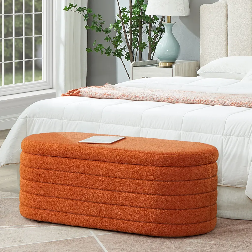 Modern Oval Storage Ottoman Bench Upholstered Boucle Teddy Material End Bed wm home furniture