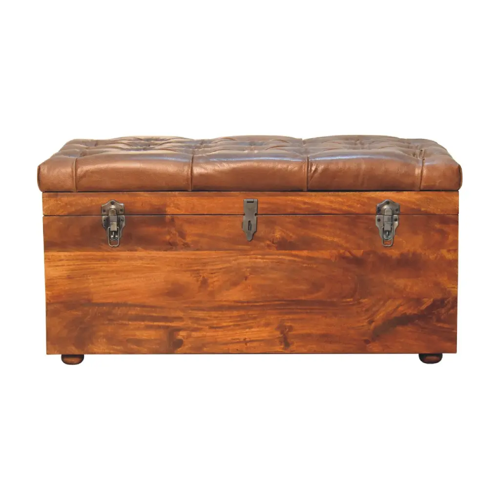 Buffalo Leather Chestnut Storage Trunk Solid Timber Hide Chest artisan furniture