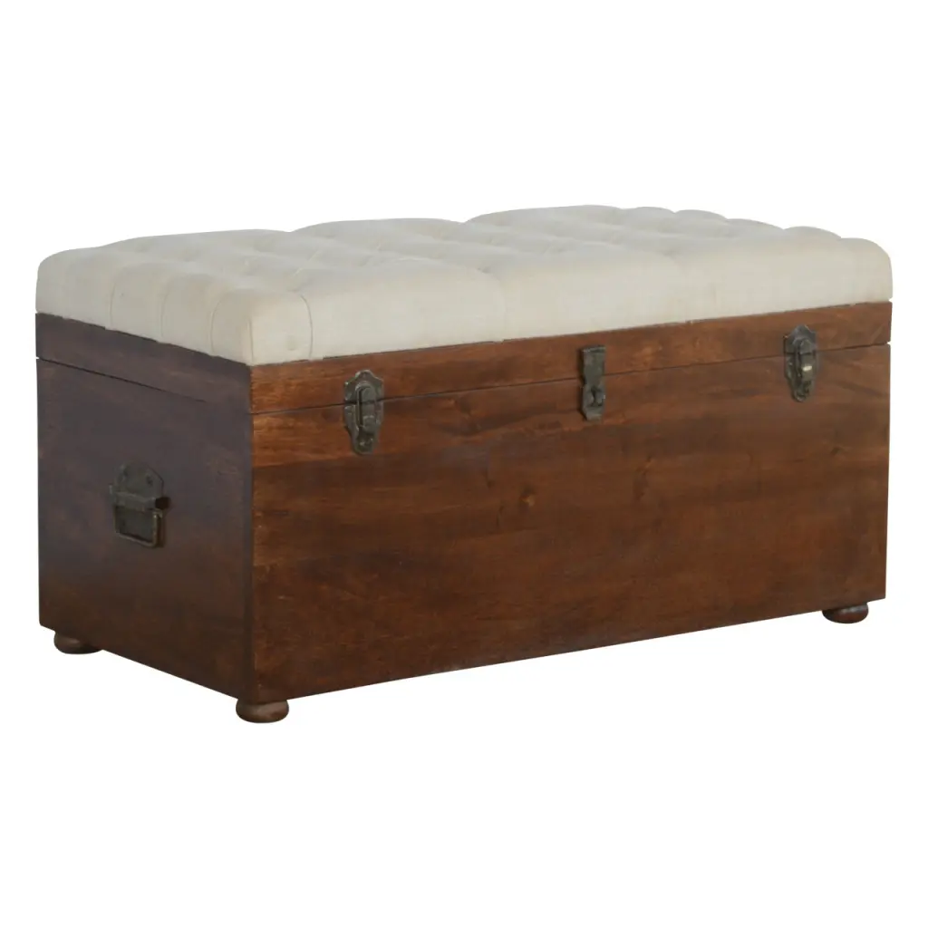 White Linen Storage Trunk Chestnut Foam Timber Material Decorative Chest artisan furniture