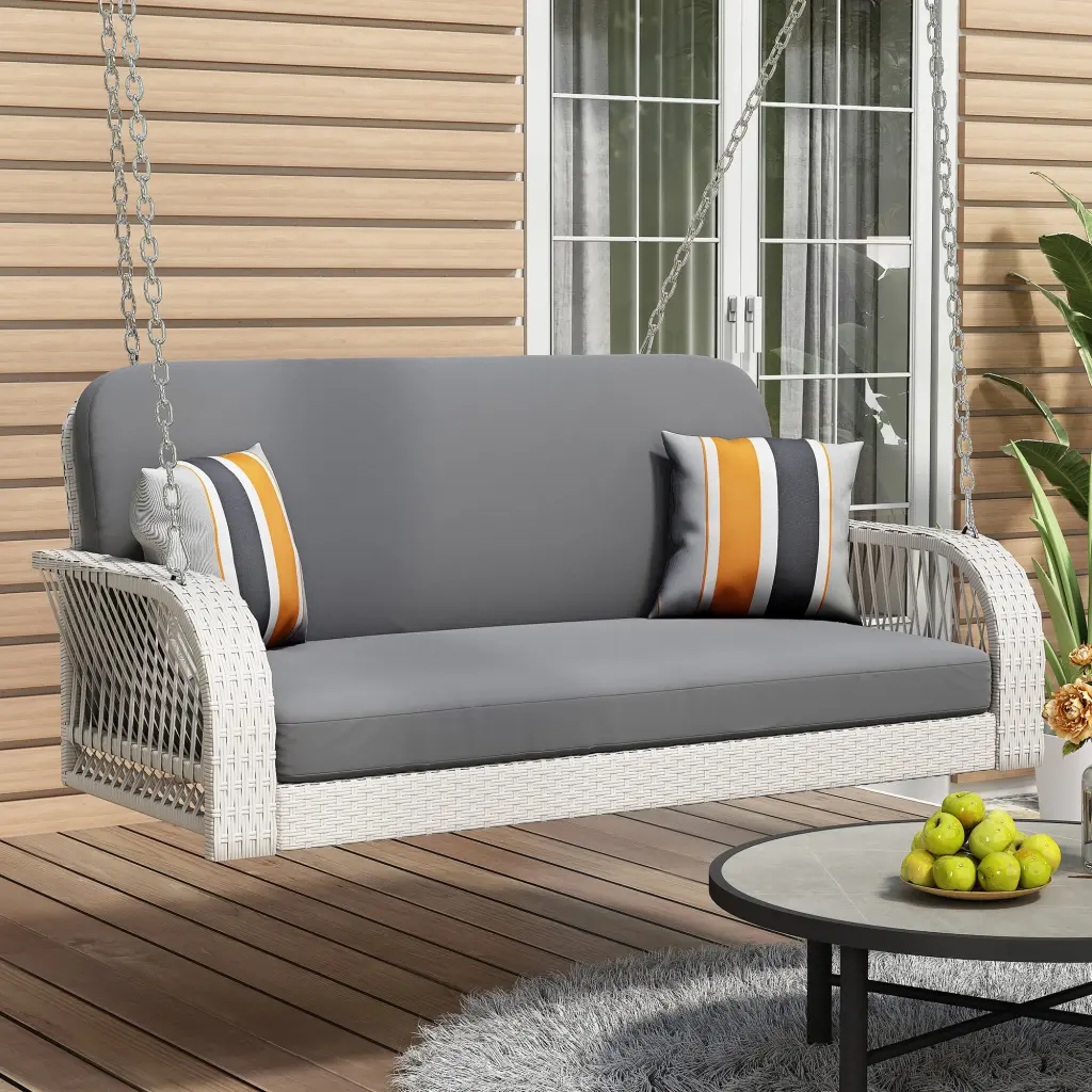PE Wicker Porch Swing, 2 Seater Hanging Bench Chains, Patio Furniture go