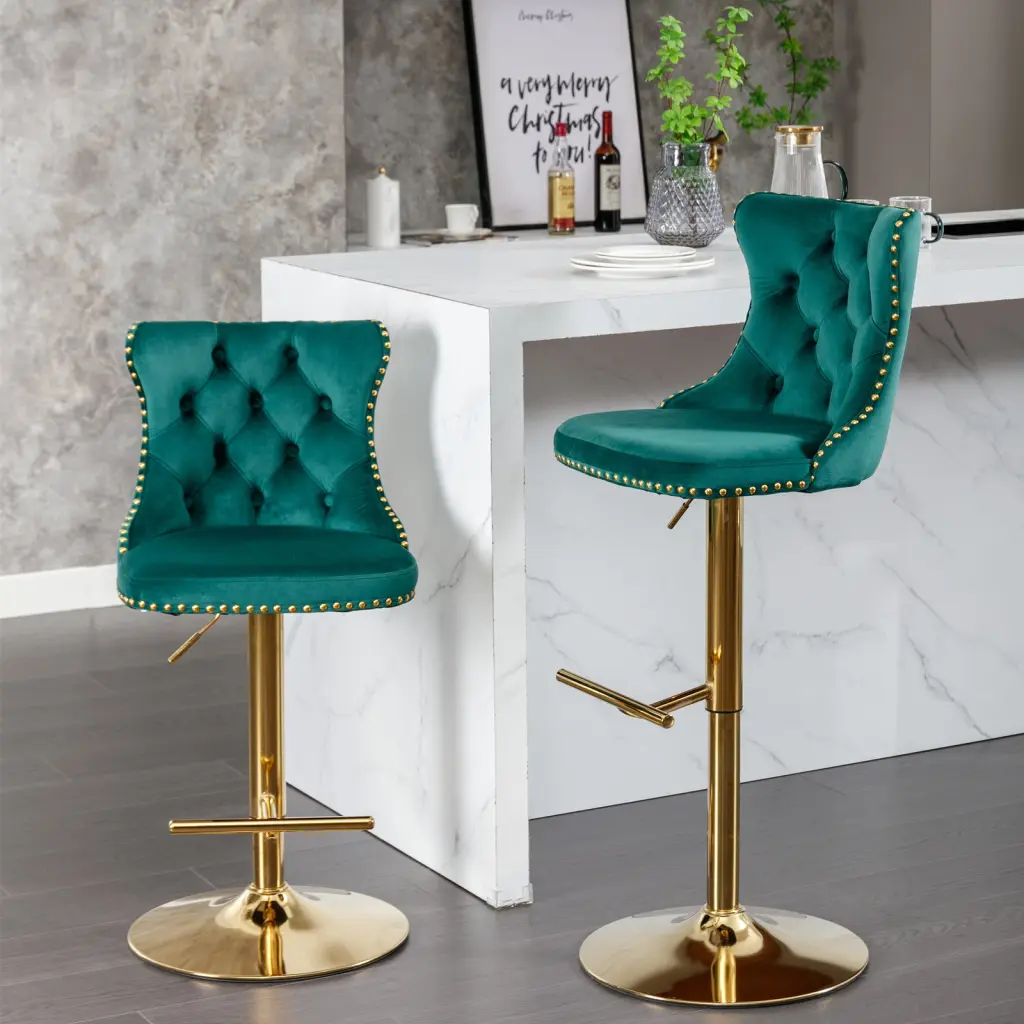 Precious Metal Swivel Velvet Barstools Adjustable Seat Height 25 to 33 Inch a-a furniture