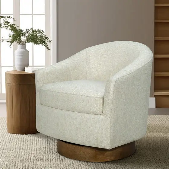 Upholstered Swivel Chair Wood Base Cream Wood jla