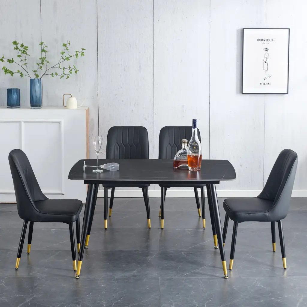 Black Sintered Stone Table and Chair Set Black Metal Legs Modern Dining droom w-1151