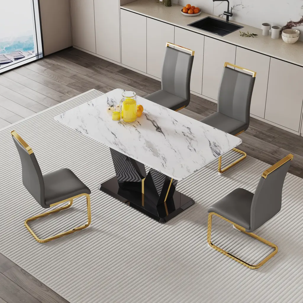 White Imitation Marble Table and Chair Set - Glass E-reader Desk droom w-1151