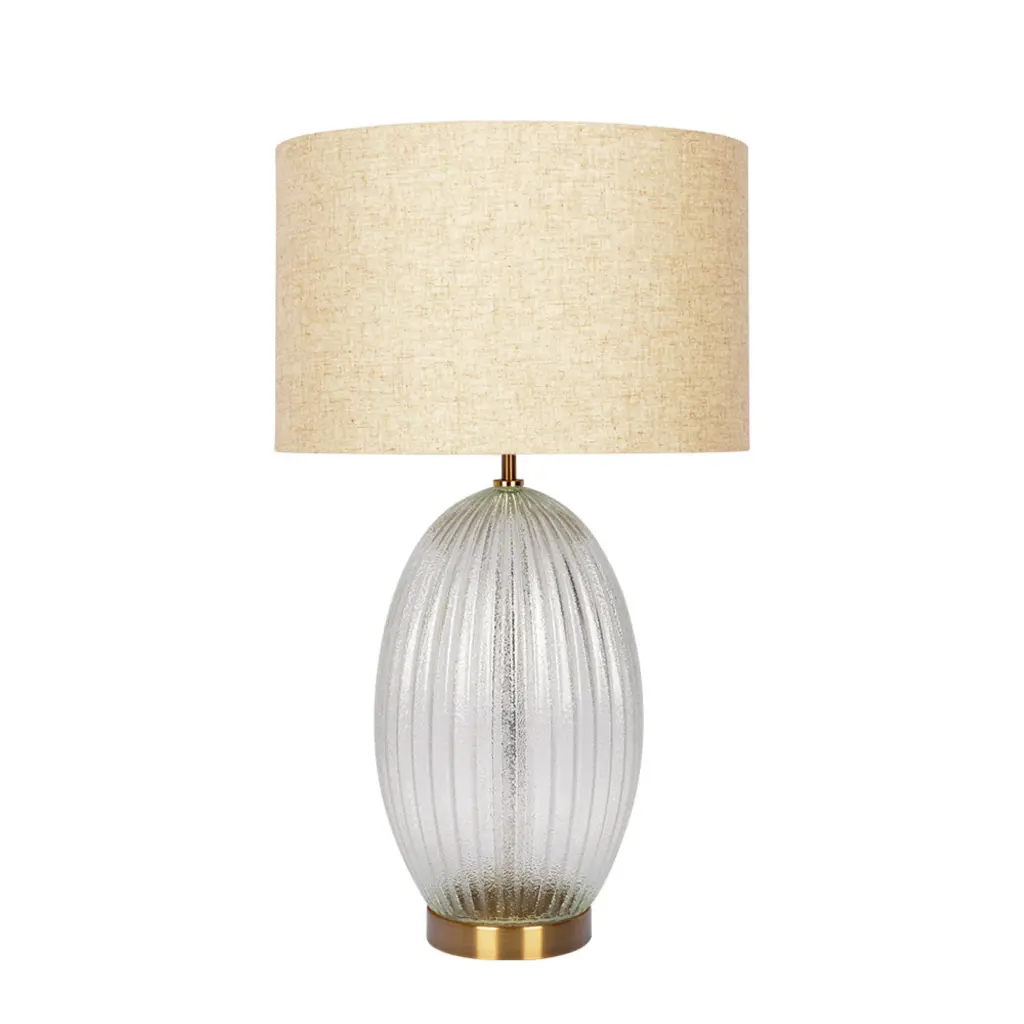 Aurora Ribbed Glass Lamp Base Large Linen Shade Clear Table Lamp ashcroft furniture