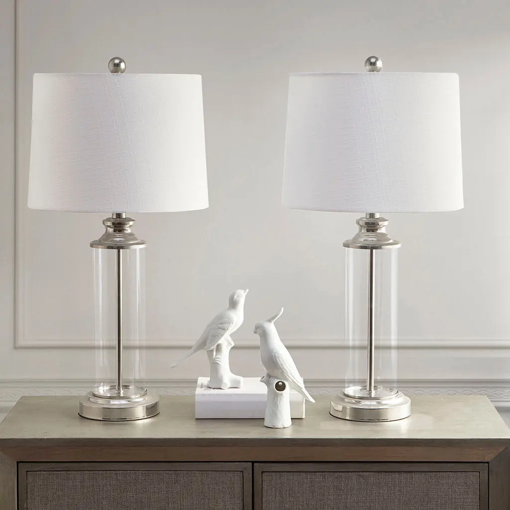 Clarity Crystal Cylinder Table Lamp Set 2 Shiny Metal Cotton Lampshade jla