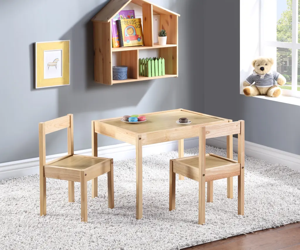 Della 3 Piece Solid Wood Kids Table and Two Chair Set Natural Finish simple living