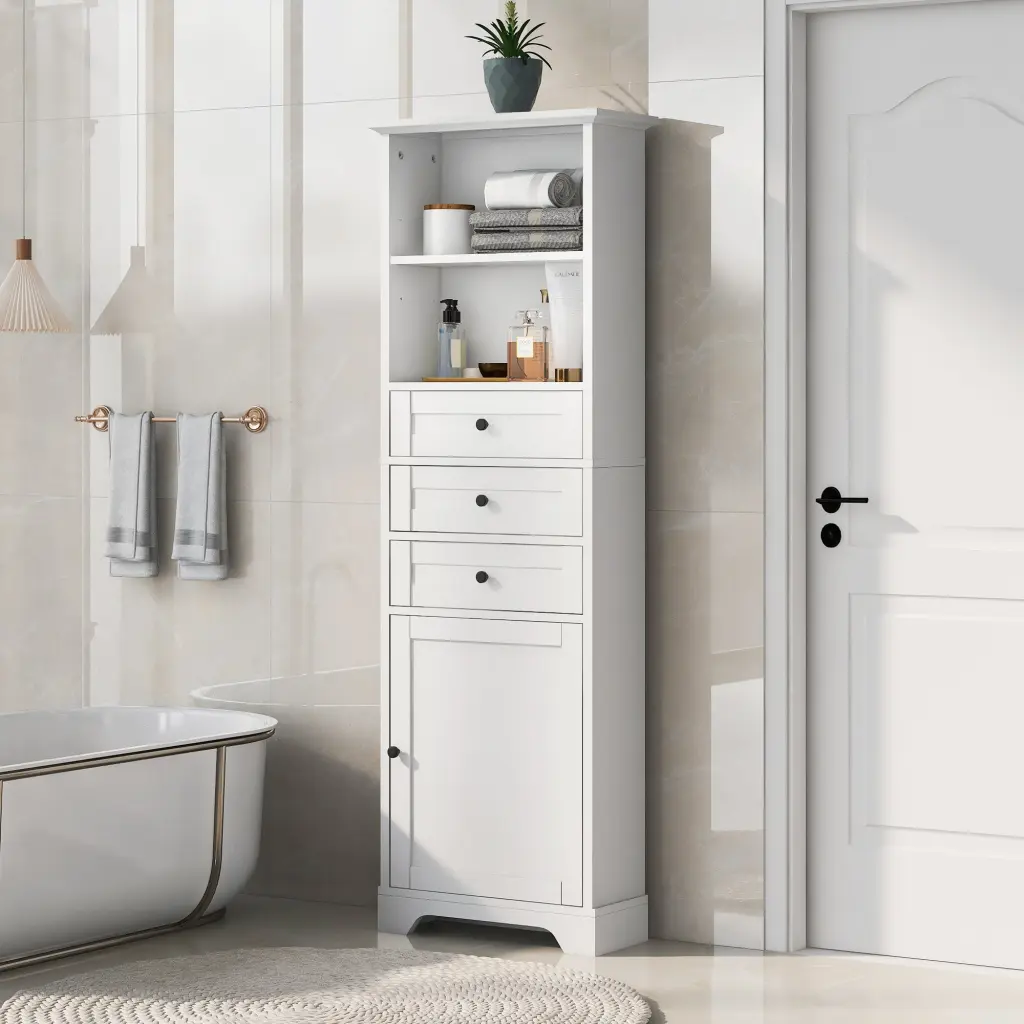White Tall Storage Cabinet 3 Drawers And Customizable Shelves Bedroom Or Office by