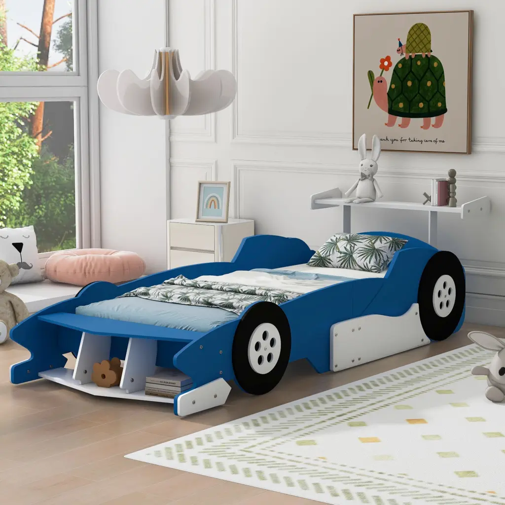 Twin Dimensions Race Car Shaped Platform Bed Wheels Blue Plywood lucky furniture