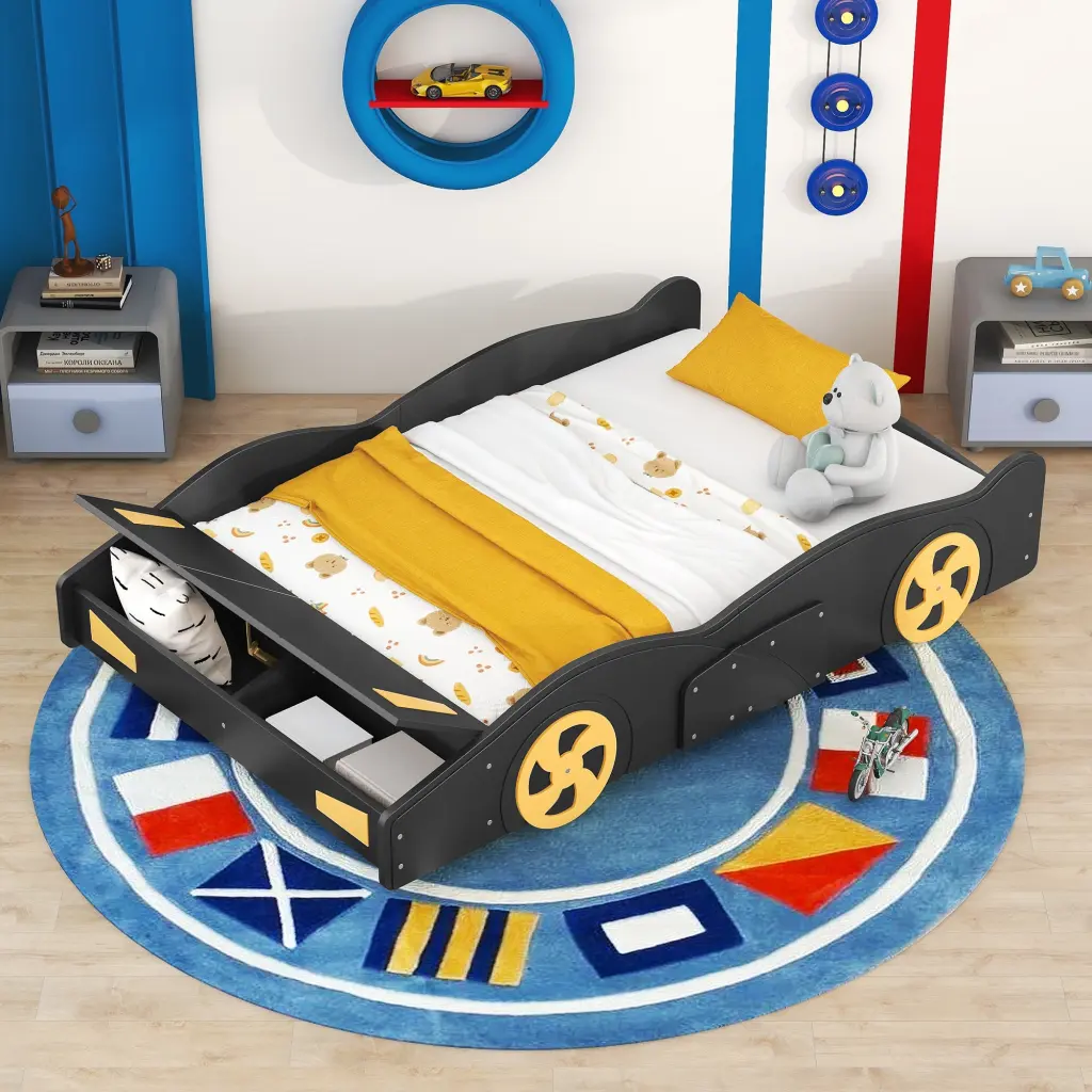 Full Dimensions Race Car Shaped Platform Bed Wheels And Storage Black Kids Bed wm store