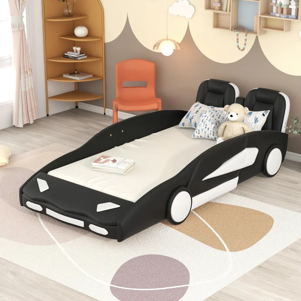 Twin Size Race Car Shaped Platform Bed Wheels Black Fun Kids Bed wm store
