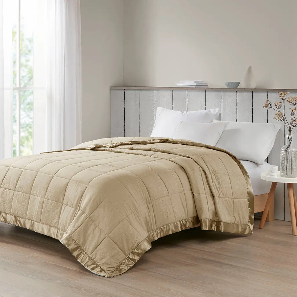 Oversized Down Alternative Blanket Satin Trim Taupe Polyester jla