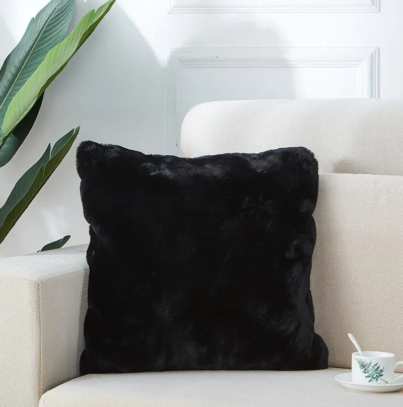 Agnes Premium Chinchilla Faux Fur Pillow 18x18 Black Polyester Decor furnings