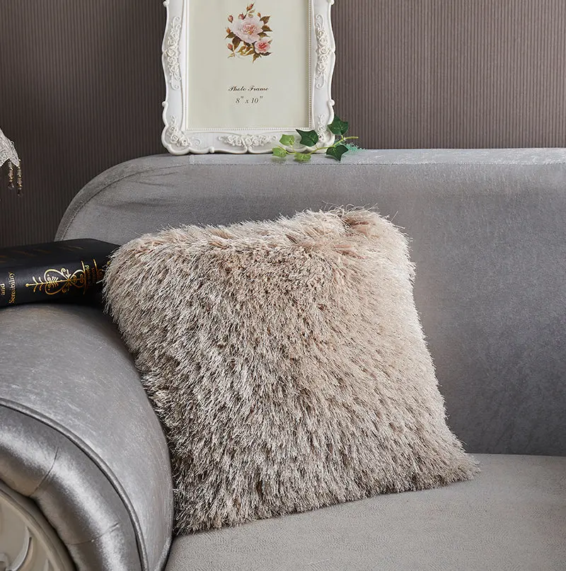 Decorative Shaggy Pillow 18 Inch X 18 Inch Beige Polyester furnings