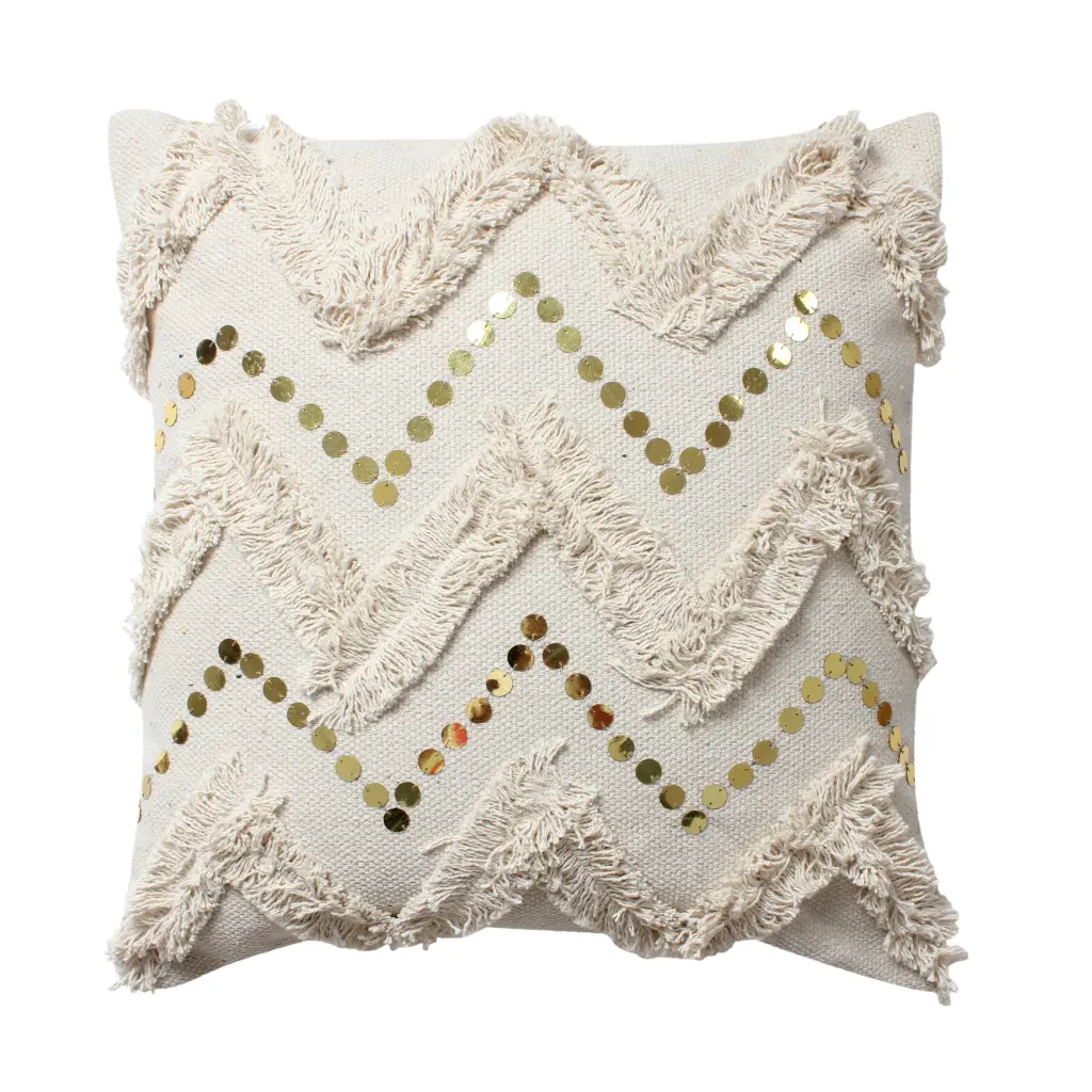18 x 18 Square Polycotton Handwoven Accent Throw Pillow Fringe and Sequins royal hampton