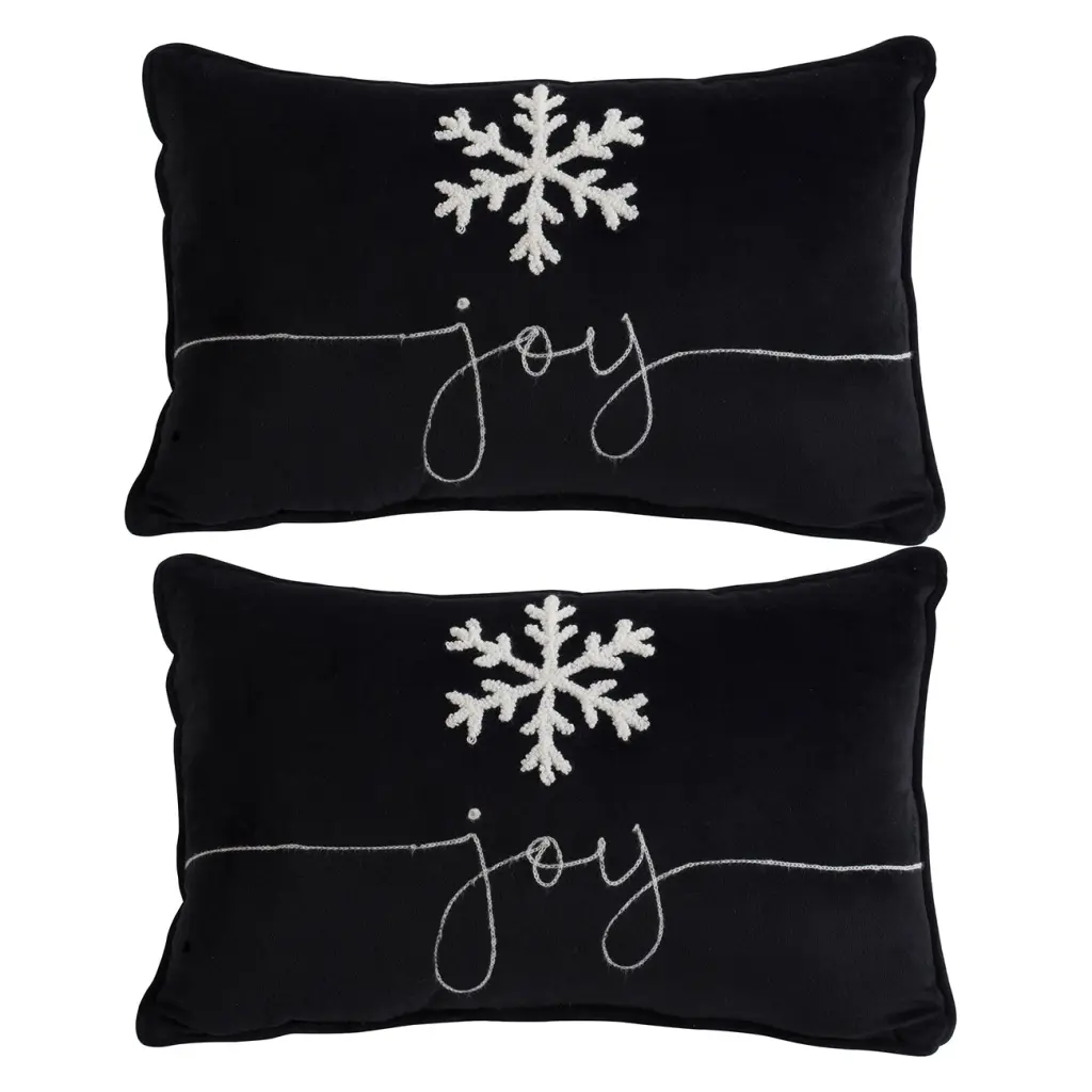 Set 2 Black Velvet Pillows 18X12 Inches Embroidered Joy And Frosty w2078
