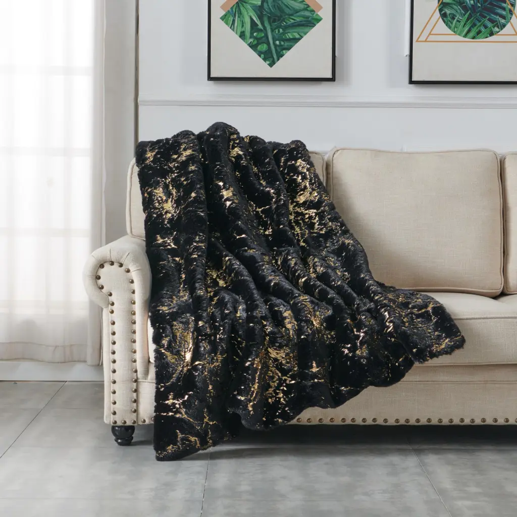 Premium Chinchilla Faux Fur Gilded Black Throw Blanket 60 x 80 Inches furnings