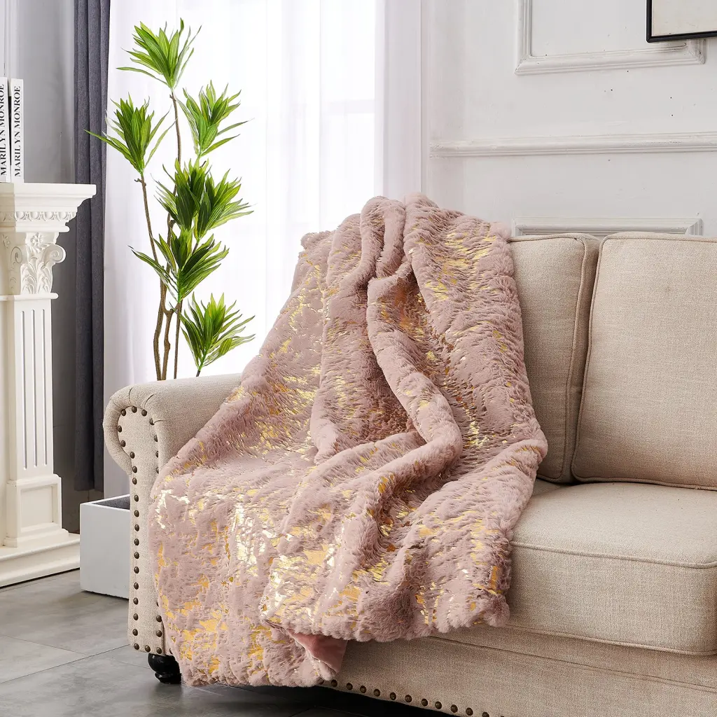 Premium Chinchilla Faux Fur Gilded Dust Pink Throw Blanket 50x60 Inches furnings