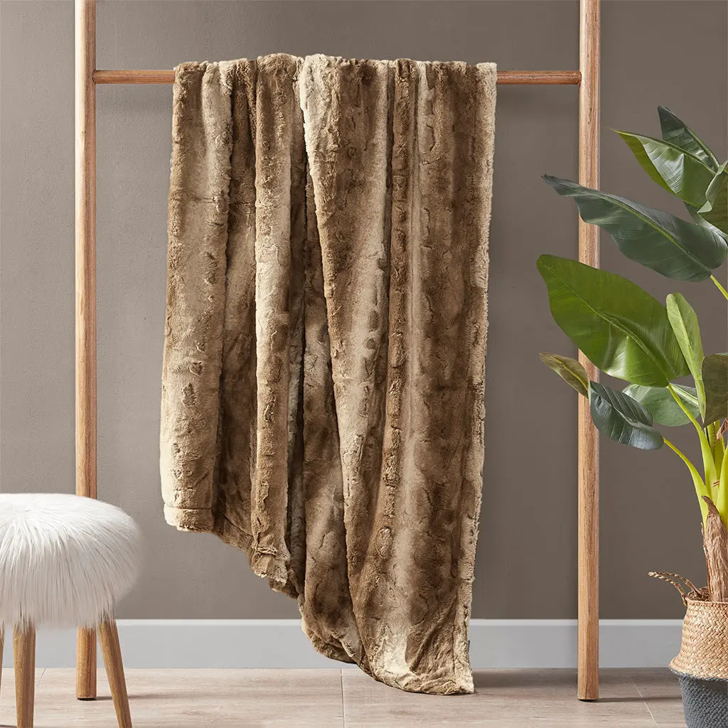 Oversized Faux Fur Throw Blanket Tan Polyester Soft Cozy jla