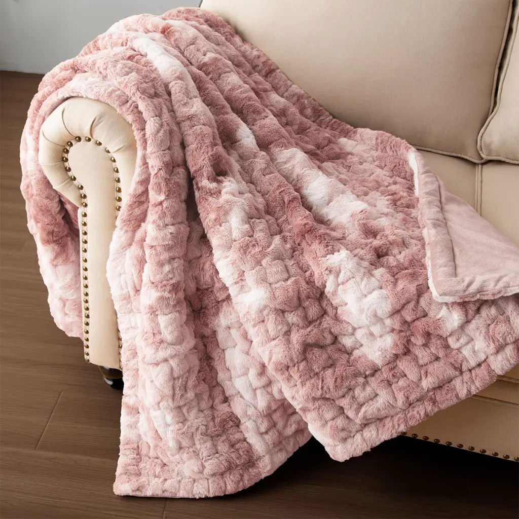 Ruched Faux Fur Throw Multicolor Soft Cozy Blanket jla
