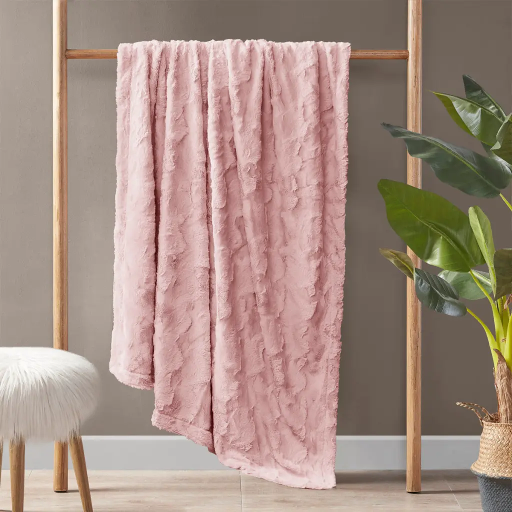 Oversized Faux Fur Throw Blush Polyester Soft Cozy Blanket Living Room Decor jla