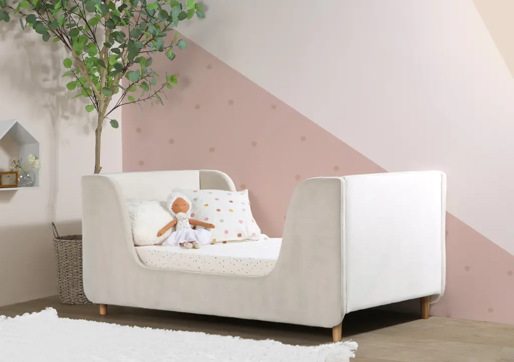 Bodhi Upholstered Toddler Bed Almond Cream Polyester - Safe and Cozy Toddler Bed Soft Upholstery b2714