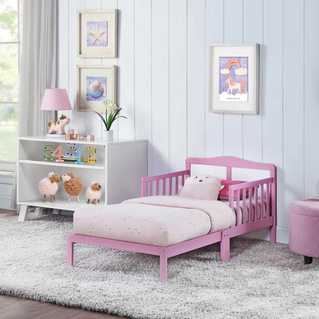 Birdie Toddler Bed Dark Pink White Pink Solid Wood Safe and Sturdy simple living