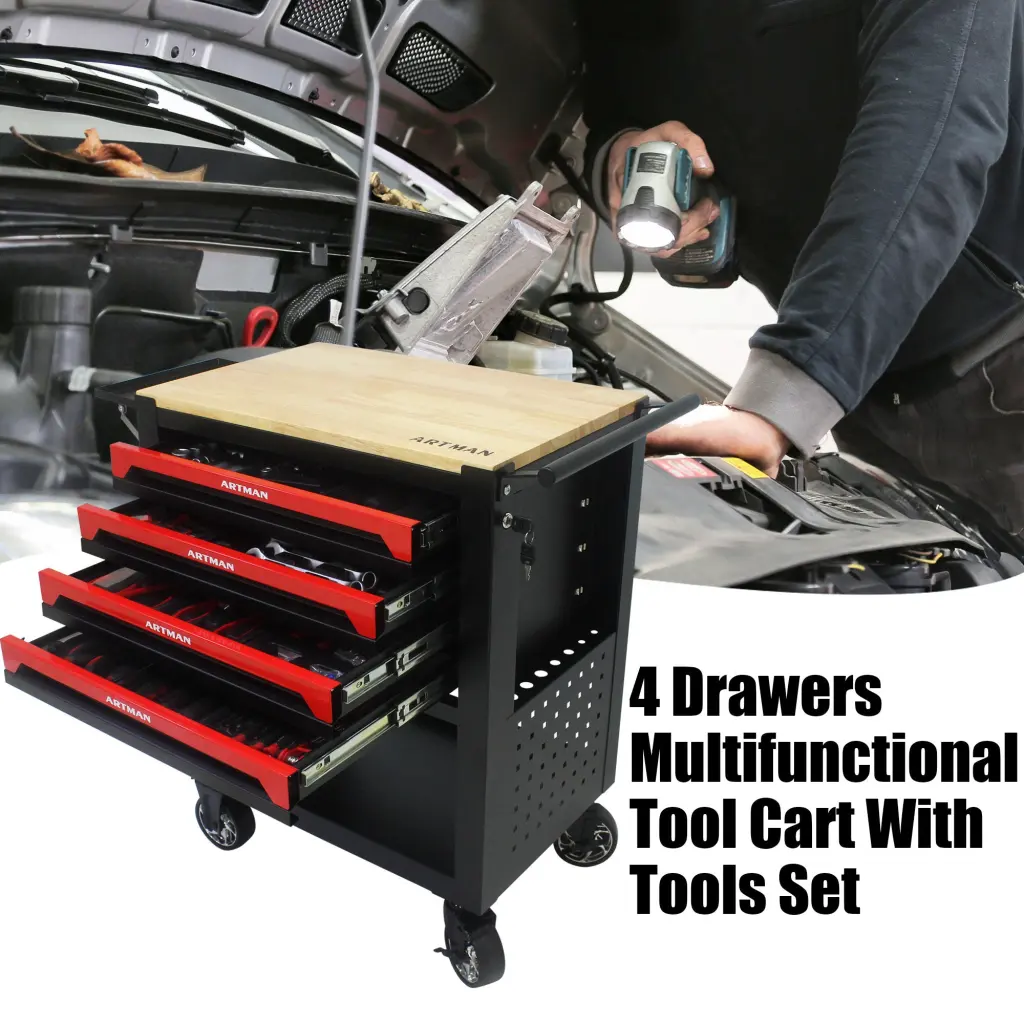 4 Drawers Multifunctional Tool Shopping Basket Tool Set and Wooden Top Black artman