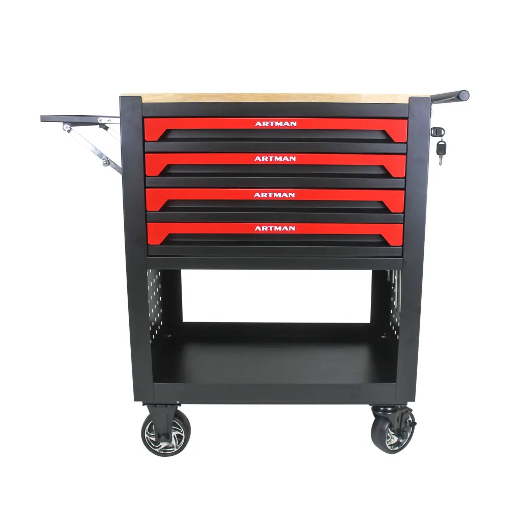 4 Drawers Multifunctional Tool Cart Wheels and Wooden Top - Black Rolling Cart artman