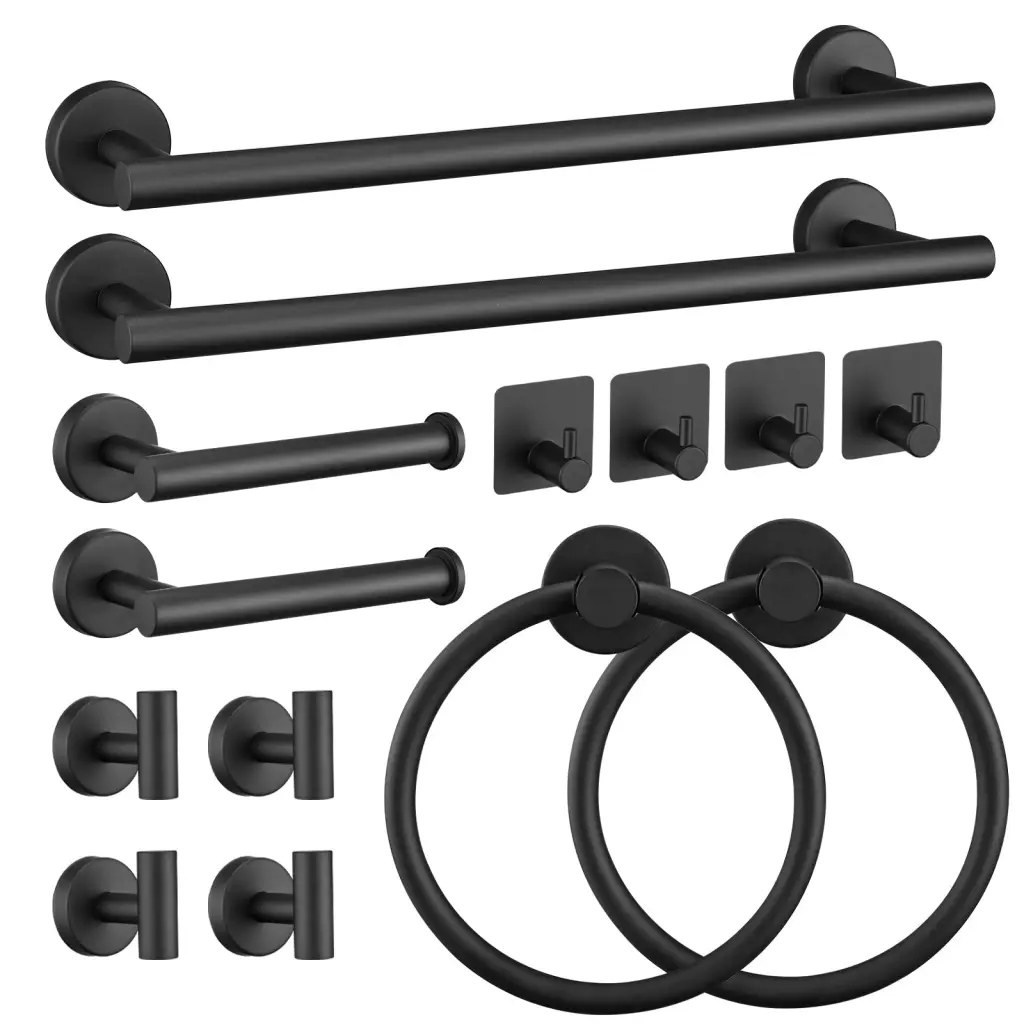 14-Piece Matte Black Bathroom Accessory Set Towel Bars and Rings bathininc